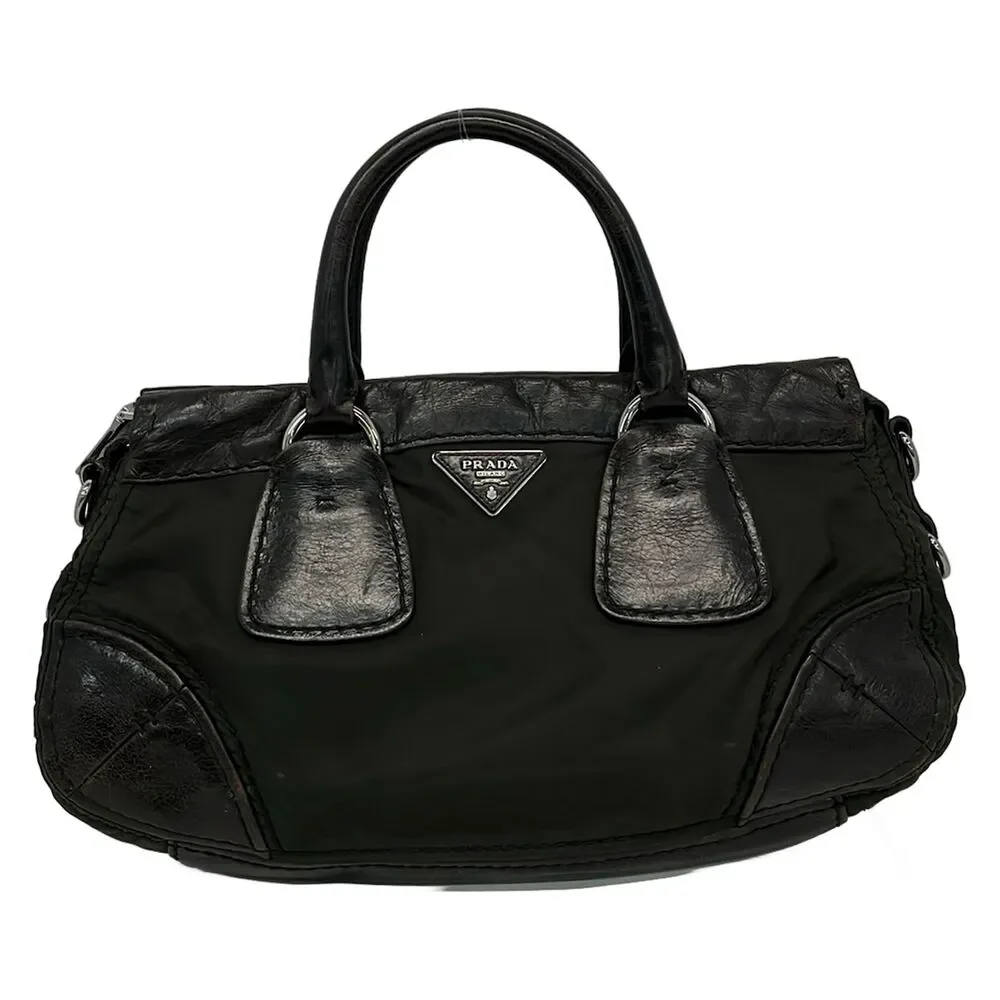 Prada Handbag Khaki Dark Brown Leather Nylon